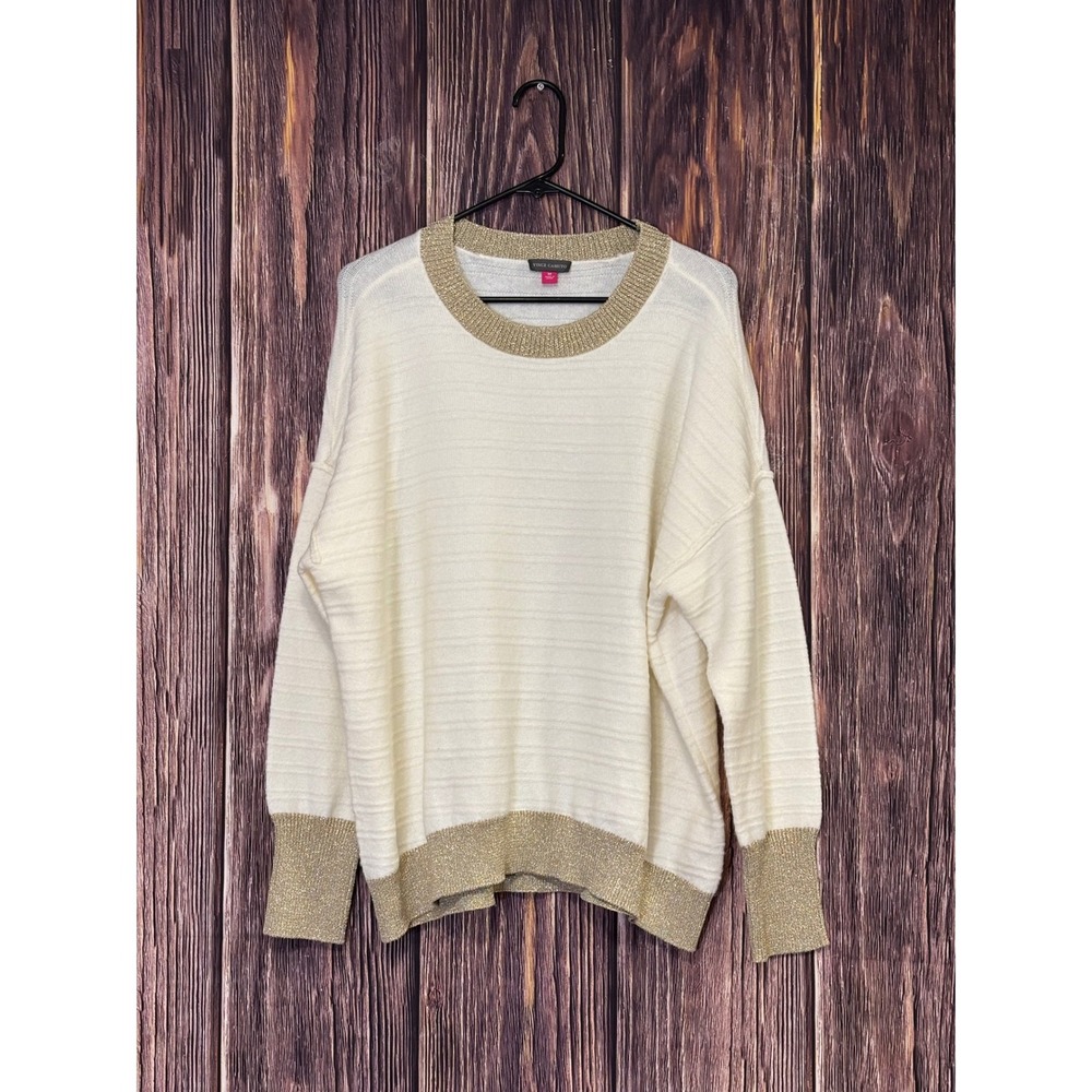 Vince Camuto Sweater Womens M Cream Gold Metallic Textured Crew Neck Pullover